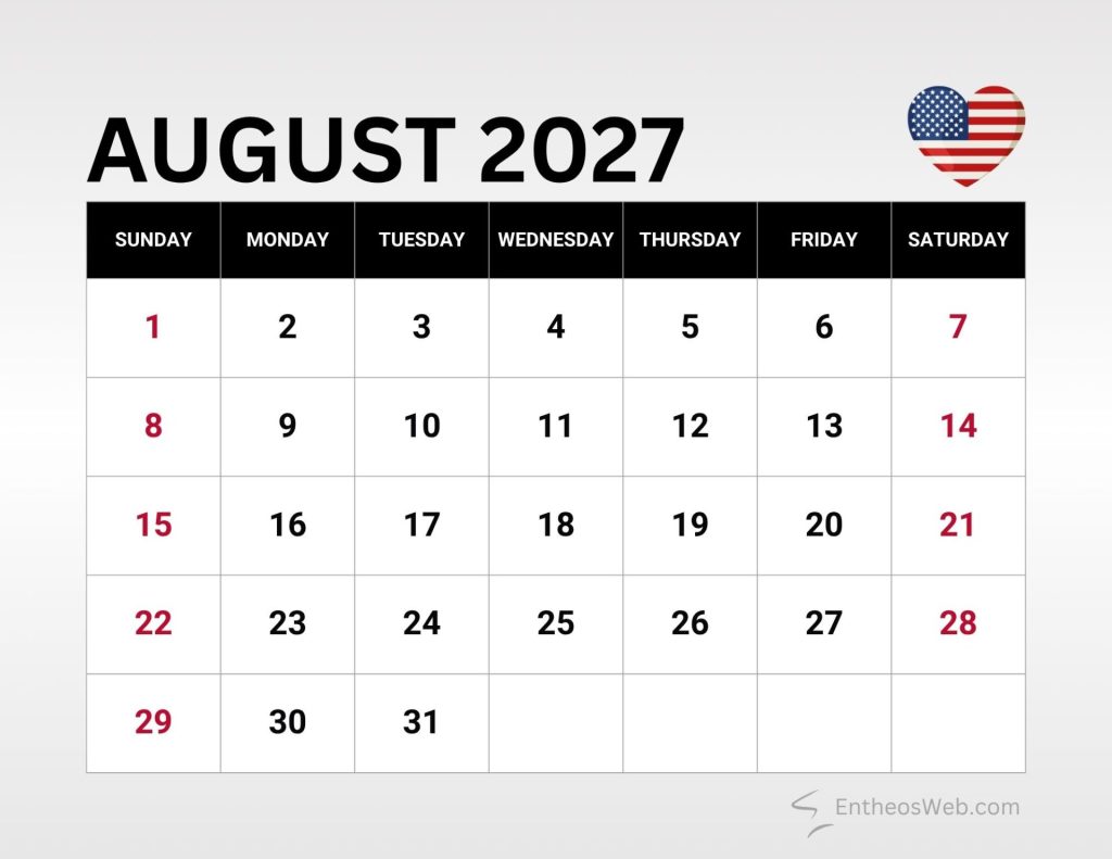 August 2027 calendar page with a seven column grid and dates 131 sundays in red and a heart shaped us flag icon top right August 2027 calendar with us federal holidays