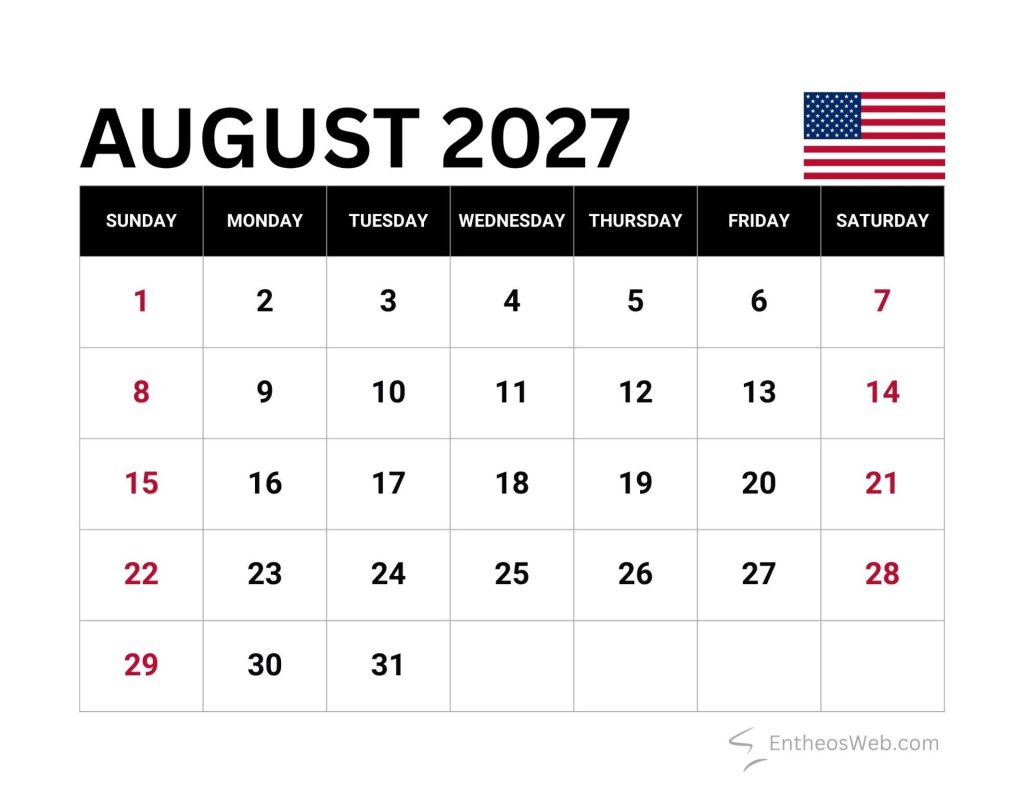 August 2027 calendar page with weekdays row and red sundays us flag in the top right corner August 2027 calendar with us federal holidays
