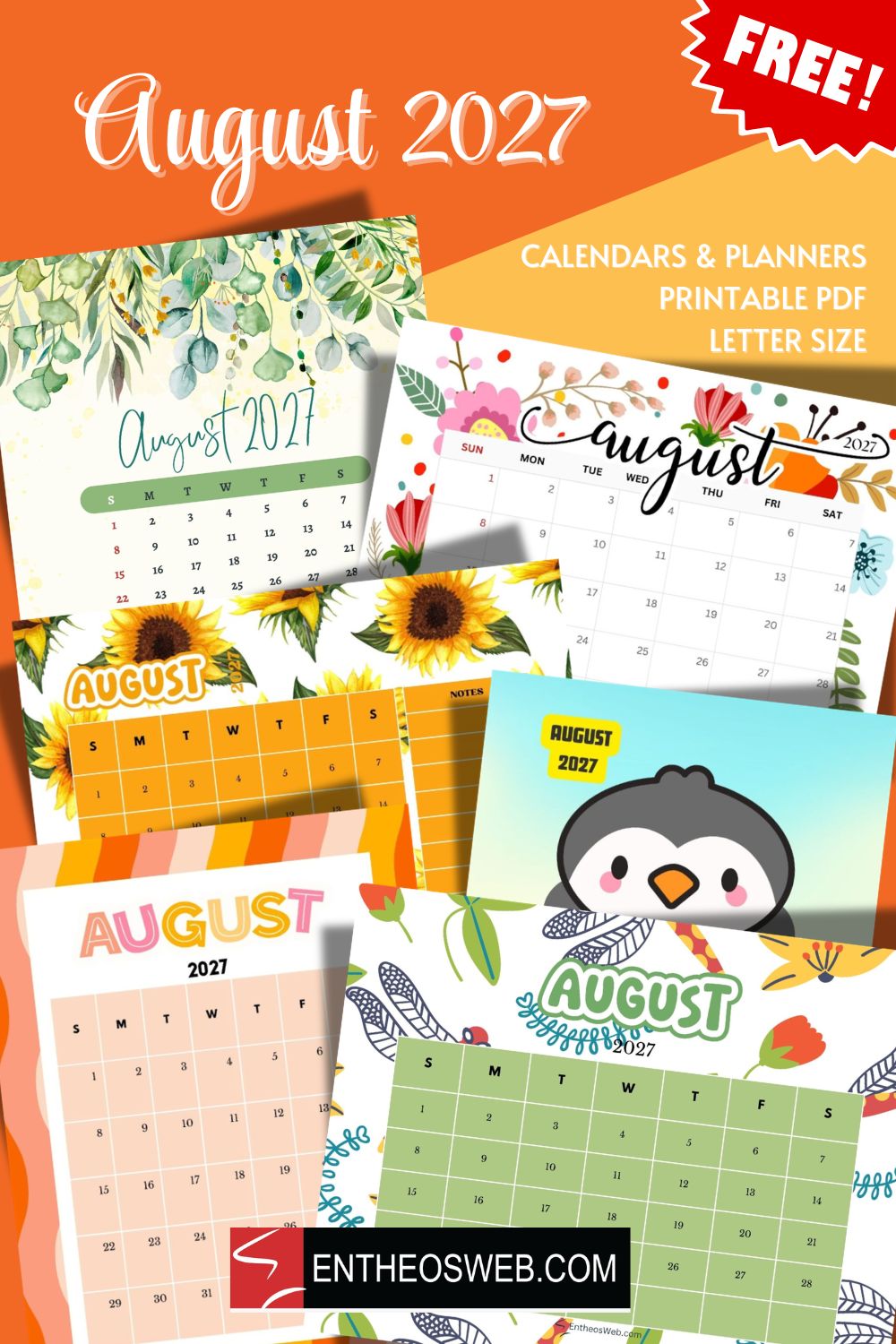 August 2027 calendars letter size printable pinterest pin | august 2027 calendars | entheosweb Collage of august 2027 calendars and planners in bright colors with a free badge and the url entheosweb Com August 2027 calendars letter size printable pinterest pin