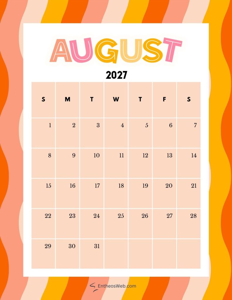 Bright calendar page for august 2027 showing days of week s m t w t f s and dates 131 on peach tiles August 2027 printable calendar retro
