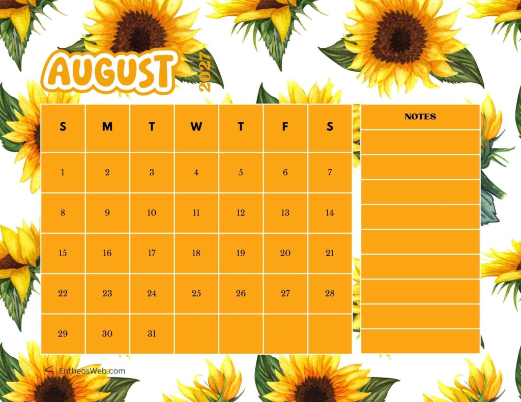 August 2027 calendar page with orange day boxes and a sunflower border includes a right hand notes section labeled notes August 2027 printable calendar sunflowers