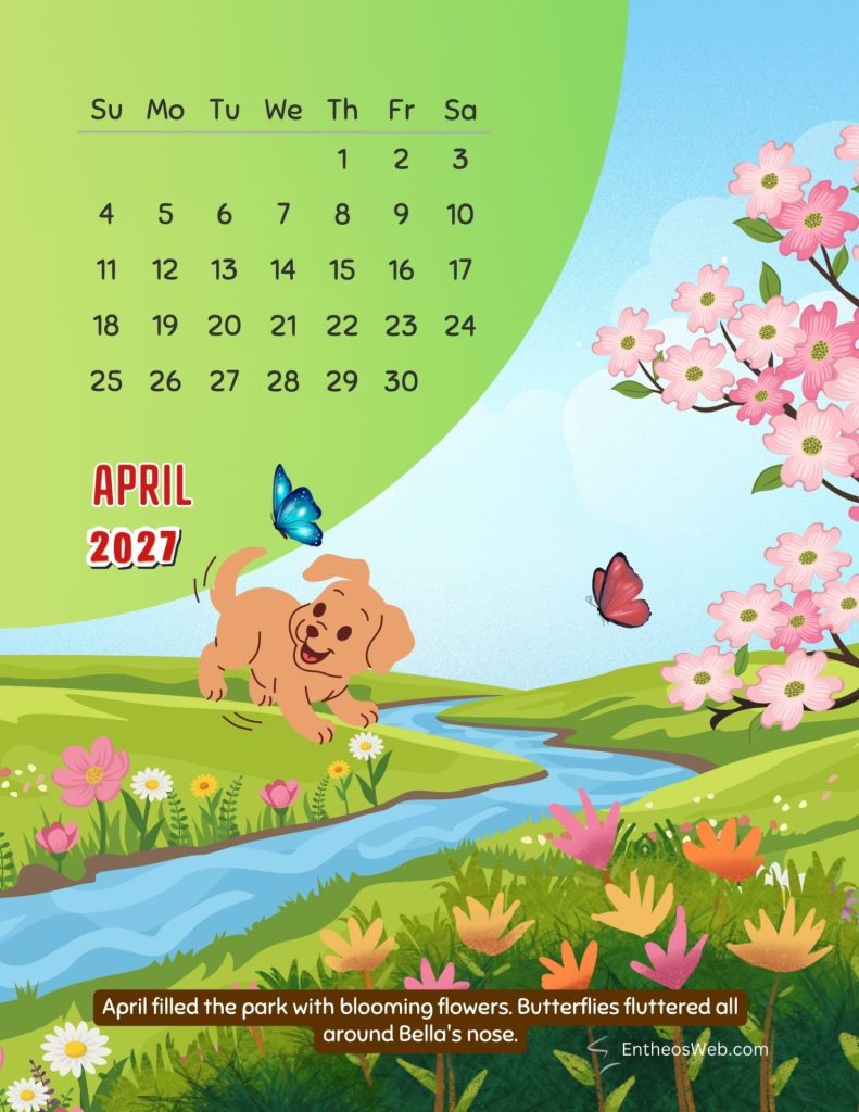 Colorful spring scene with a playful brown dog butterflies pink blossoms a blue stream and an april 2021 calendar on a green curved backdrop Bella the dog 2027 april spring monthly calendar by entheosweb