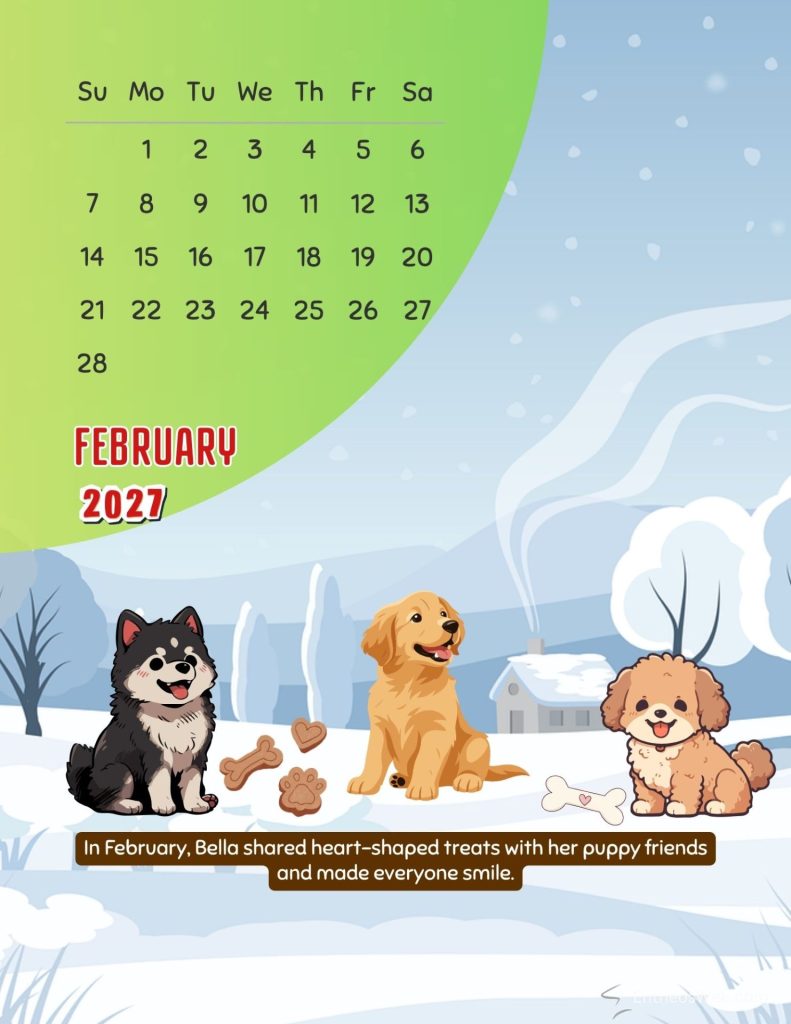February 2021 calendar page on a green curved background with cartoon dogs playing in a snowy yard caption mentions bella sharing heart shaped treats bella the dog 2027 february snow monthly calendar by entheosweb