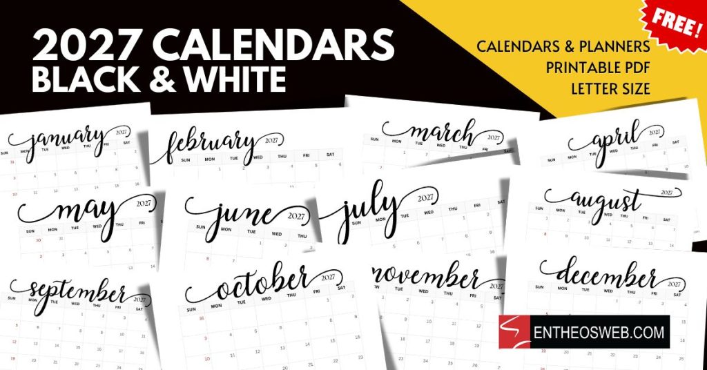 Black  white 2027 monthly calendars black white 2027 monthly calendars