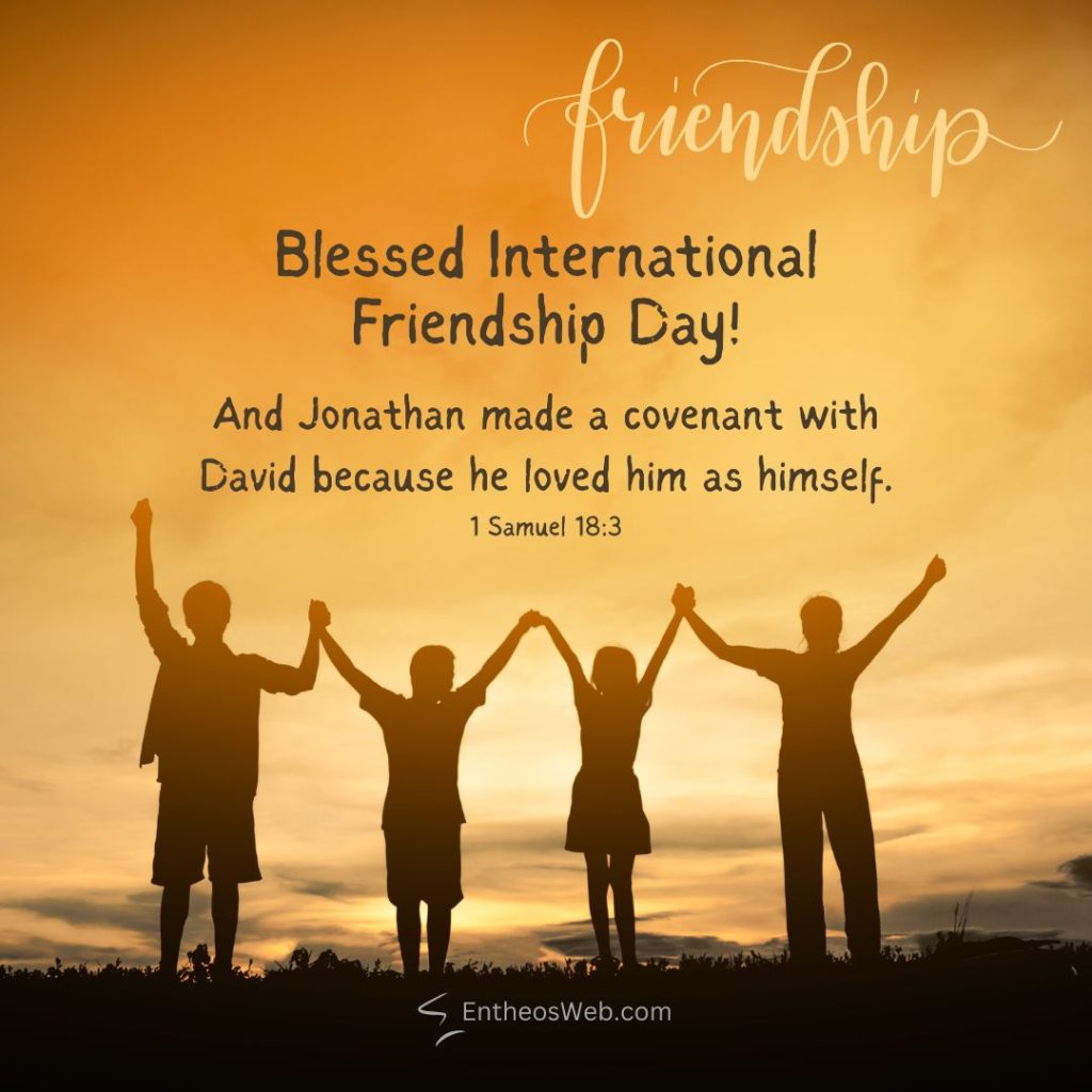 Sunset silhouette of four people holding hands with the word friendship and a bible verse about jonathan and david on an orange background Blessed friendship day covenant