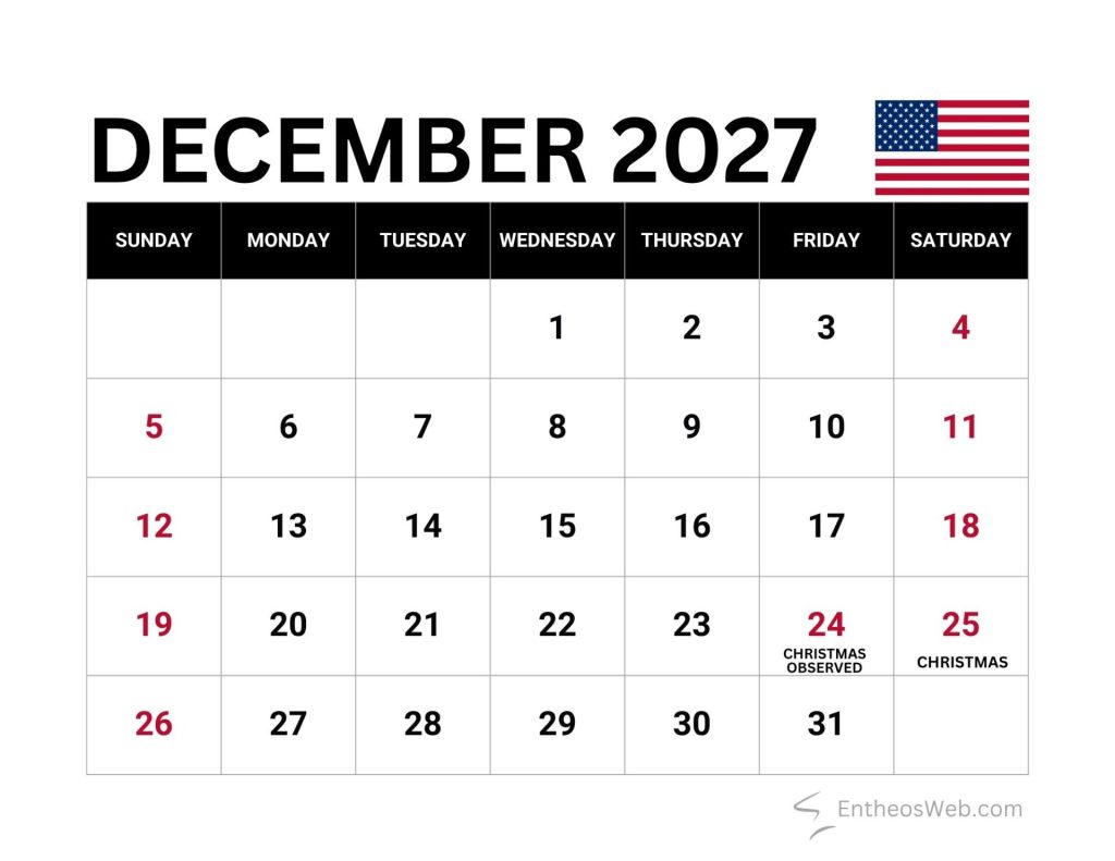 December 2027 calendar page showing days of the week with a flag in the top right corner and dates laid out in a grid December 2027 calendar with us federal holidays