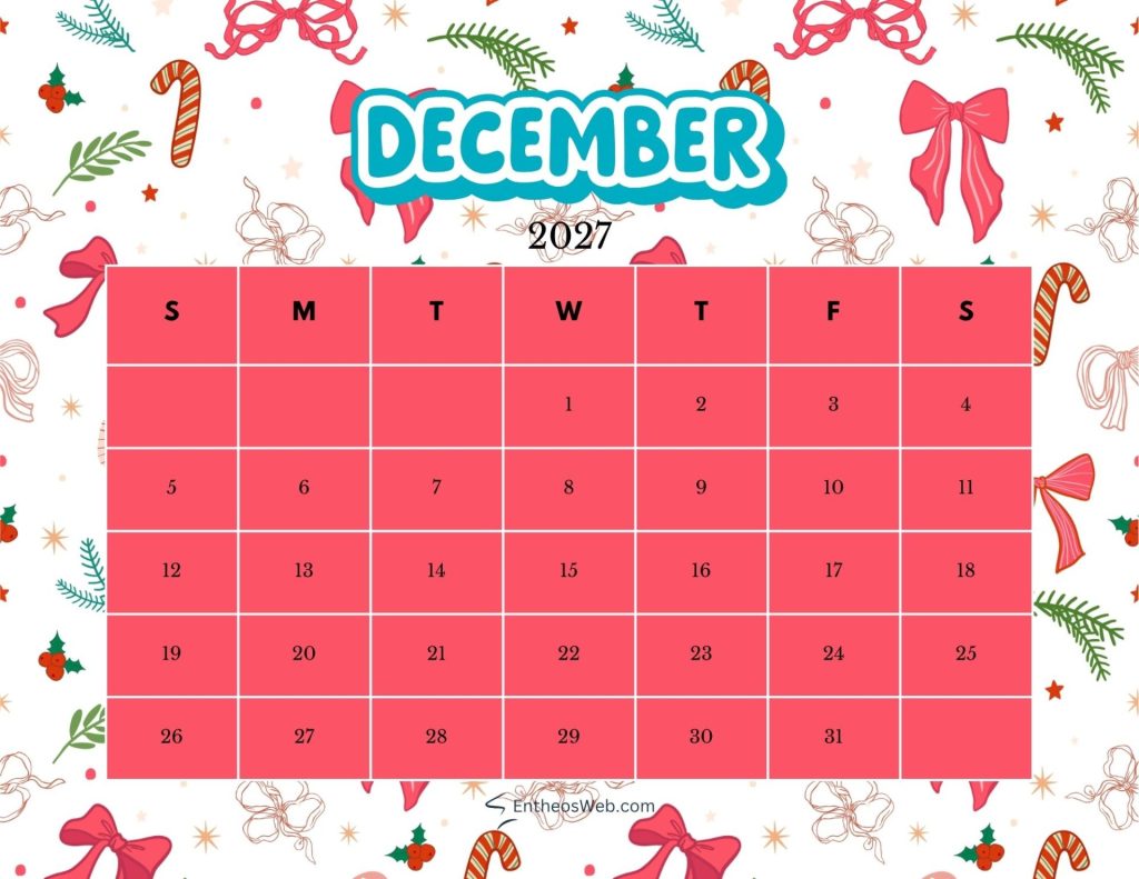 December 2027 calendar grid with red day blocks days of week initials ss numbers 131 set against a festive background with ribbons and holly December 2027 printable calendar bows and mistletoe themed