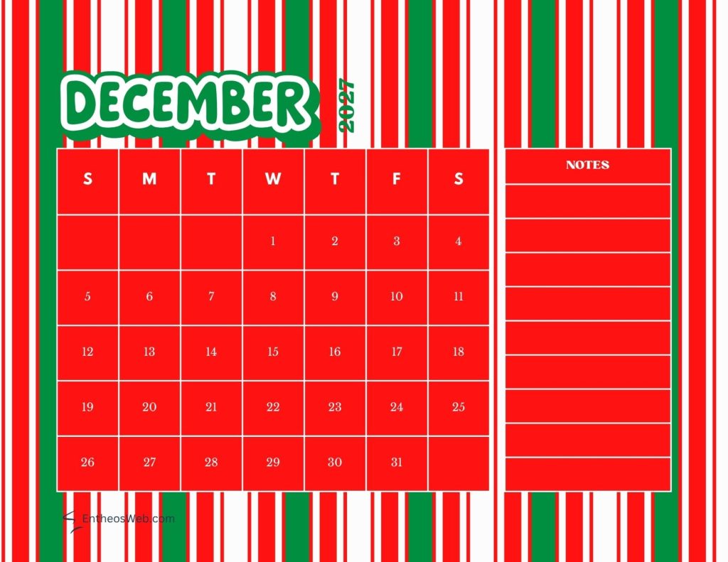 Decorative december 2021 calendar grid in red and green with days of the week at top and a notes column on the right December 2027 printable calendar red and green striped