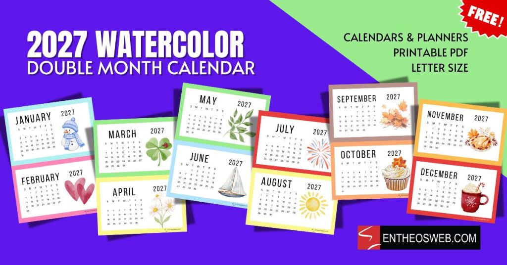 2027 double month calendar   watercolor double month calendar   watercolor