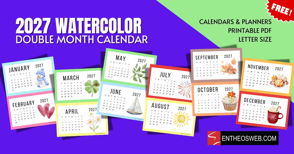 2027 double month calendar   watercolor double month calendar   watercolor