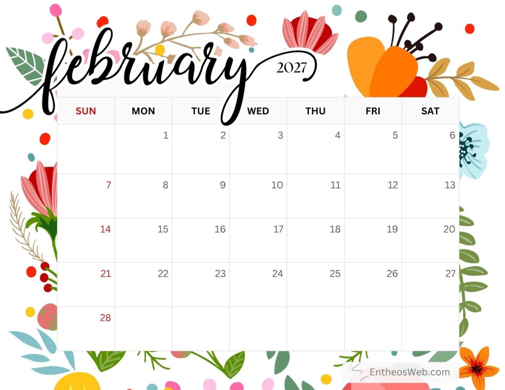 February 2027 calendar grid with a decorative floral border on all sides sundays highlighted in red February 2027 calendar free printable by entheosweb