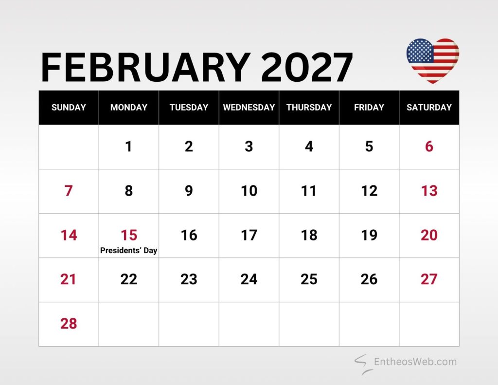 February 2027 calendar header with a heart shaped us flag icon to the right weeks run sundaysaturday with red sundays presidents day marked on feb 15 February 2027 calendar with us federal holidays