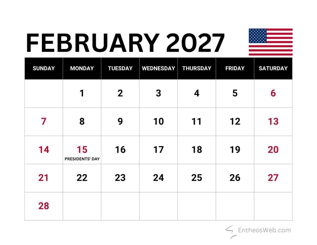 February 2027 calendar page with days of week across top red weekend numbers and presidents day on feb 15 February 2027 calendar with us federal holidays