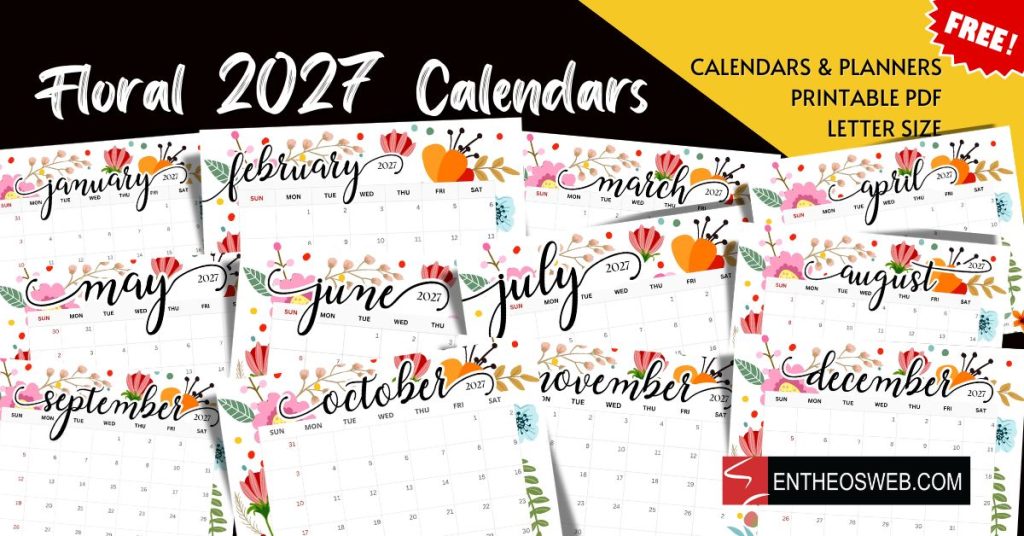 Floral calendar 2027 monthly printable floral 2027 calendars