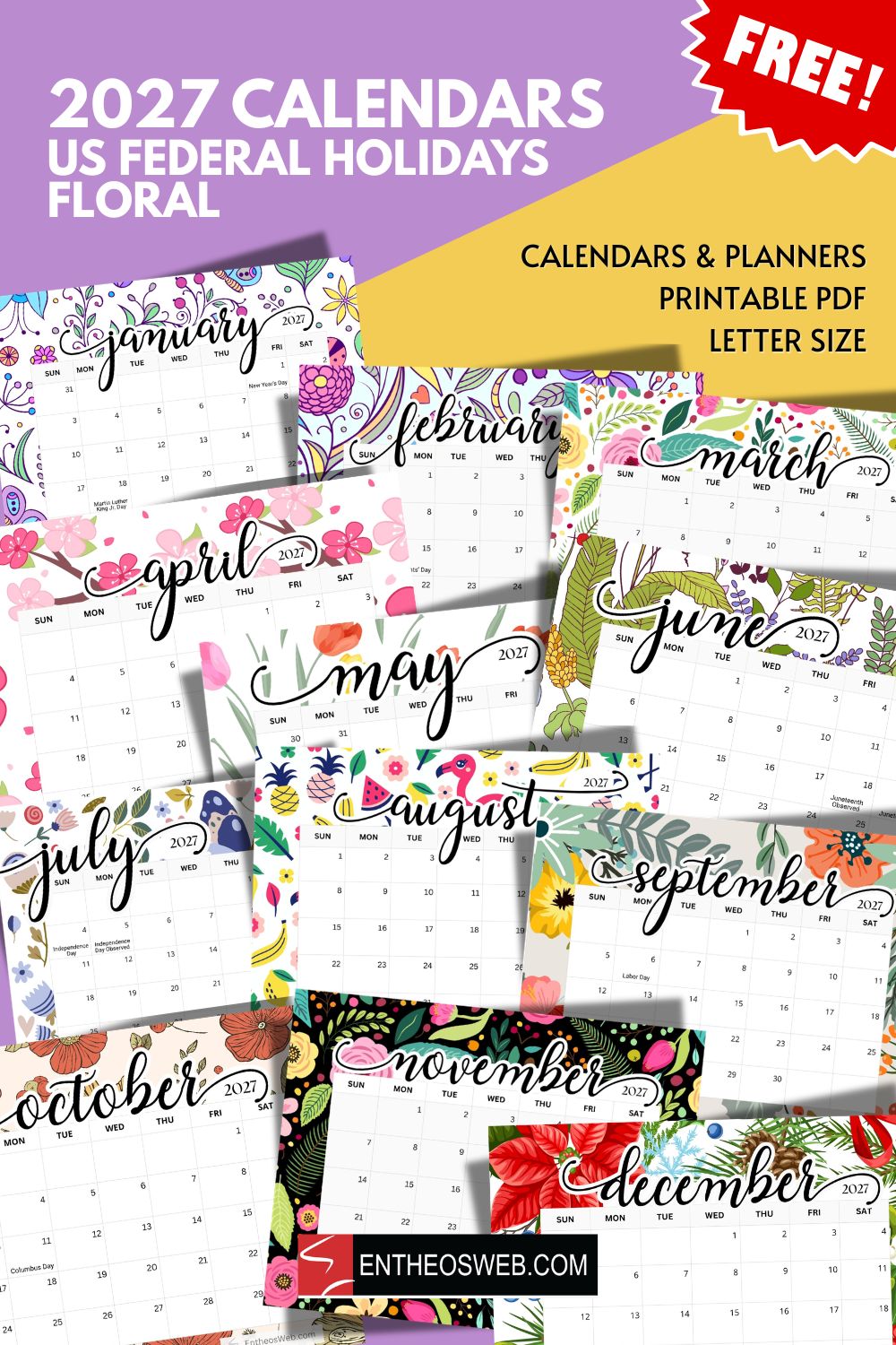 Floral background 2027 calendar us federal holidays pin | floral background 2027 calendar with holidays | entheosweb Colorful collage of 2027 calendar pages with floral designs and a red free badge promoting printable calendars and planners Floral background 2027 calendar us federal holidays pin