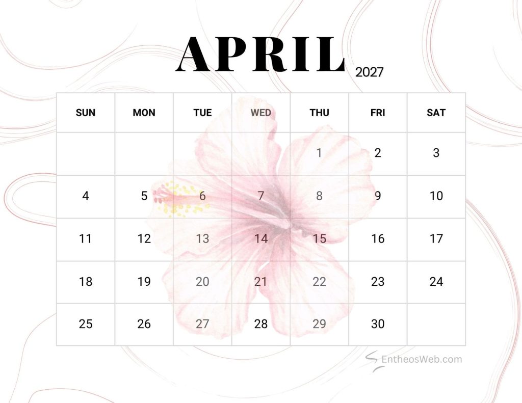 April 2027 calendar grid with days sunsat and pink hibiscus background flower april 2027 printable calendar