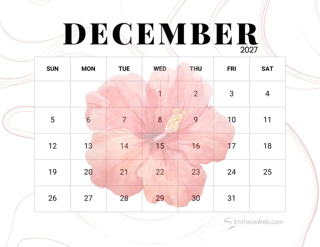 December 2027 calendar grid with days sunsat overlaid by a pink hibiscus flower backgroundillustration Flower december 2027 printable calendar