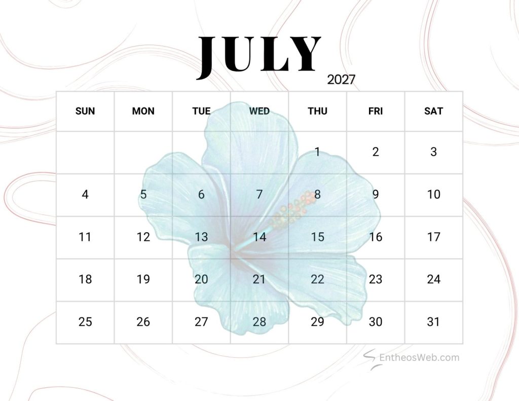 July 2027 calendar page with a pale blue hibiscus illustration behind the grid of days Flower july 2027 printable calendar
