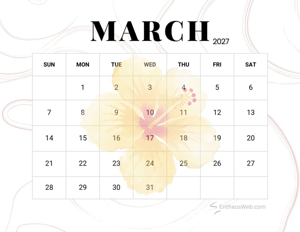 Calendar page for march 2027 with a sundaysaturday grid and dates 131 over a soft hibiscus floral background flower march 2027 printable calendar