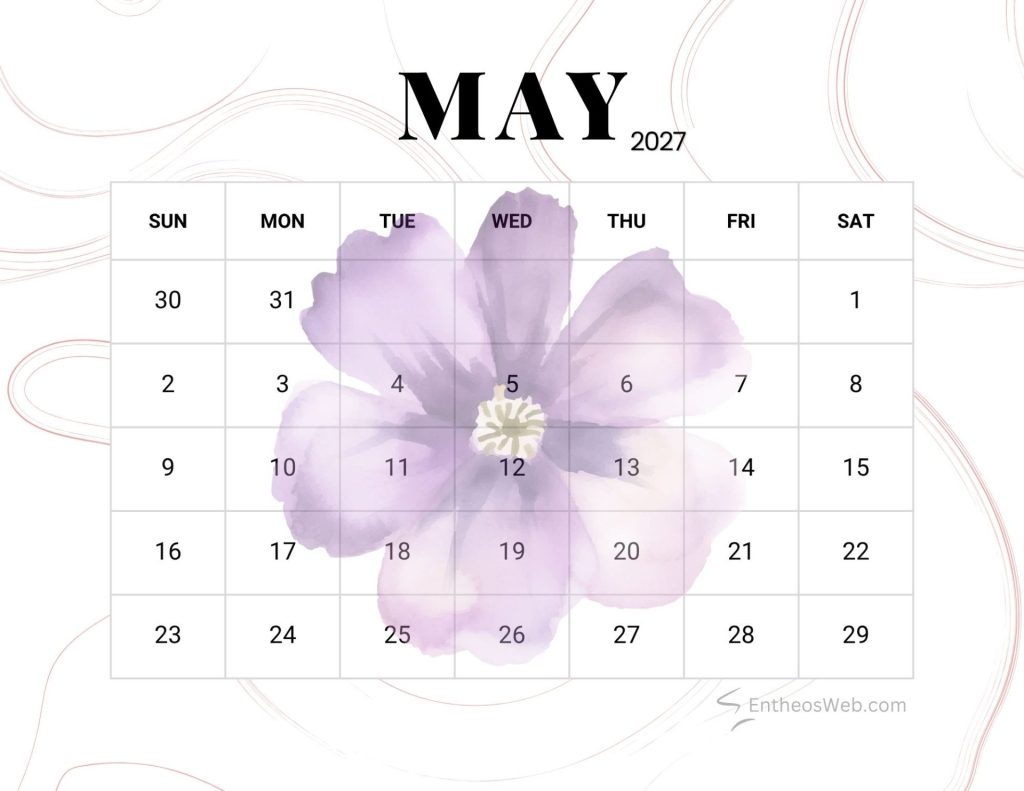 May 2027 calendar page showing sunsat grid with a large purple flower watermark over the dates Flower pastel may 2027 printable calendar