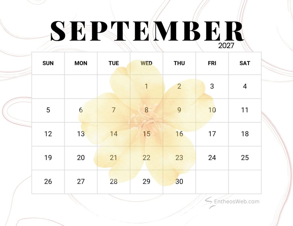 September 2027 calendar grid showing days sunsat with a soft yellow flower background Flower september 2027 printable calendar