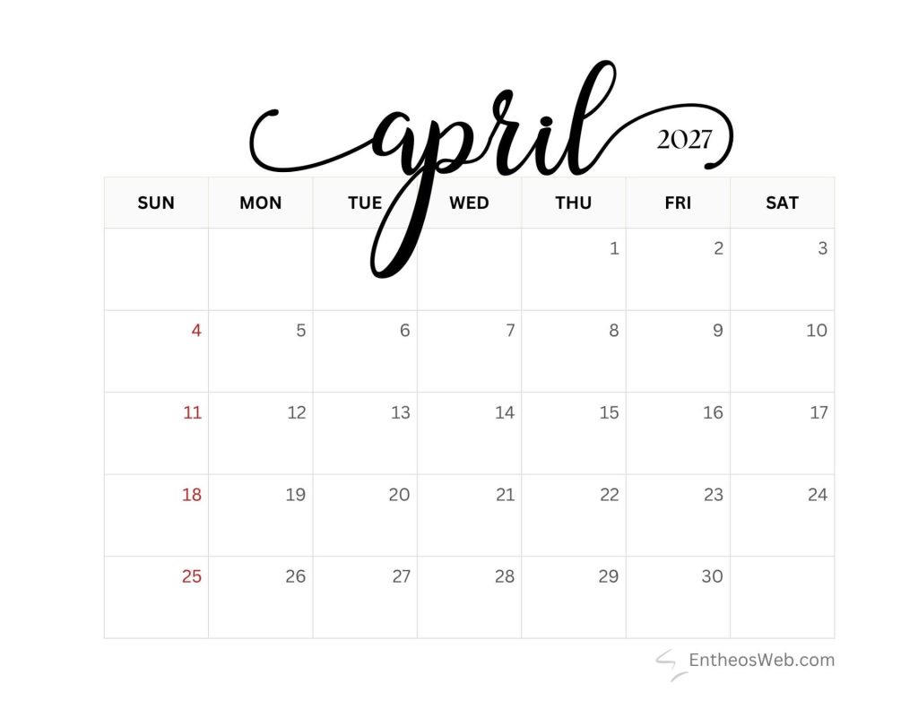 Decorative calendar header reading april 2027 above a monthly calendar grid showing days sunsat and dates 130 with sundays in red Free printable april 2027 calendar by entheosweb