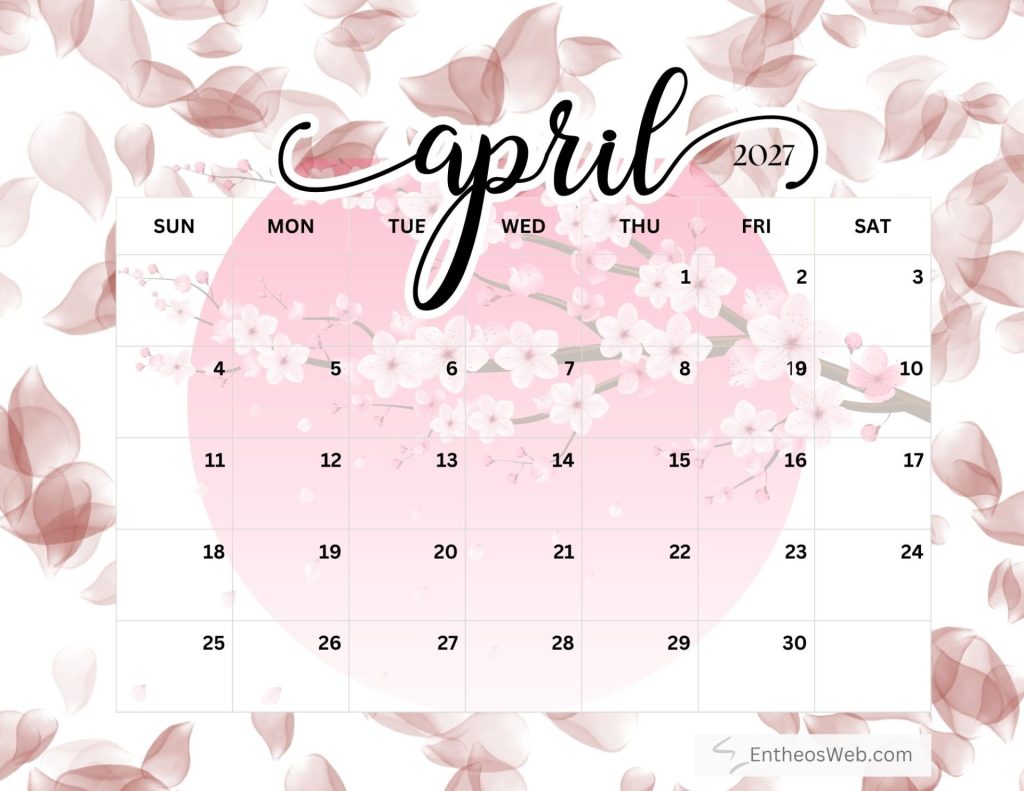 April 2027 calendar with a pink floral background and days grid showing dates 13031 decorative script april at top fall free printable april 2027 calendar by entheosweb