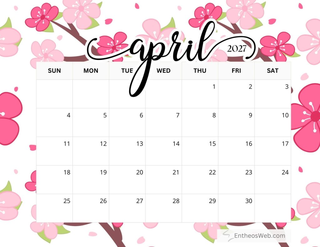 April 2027 calendar grid displayed over a pink blossom floral background showing sunsat and calendar dates 130 Free printable april 2027 calendar by entheosweb