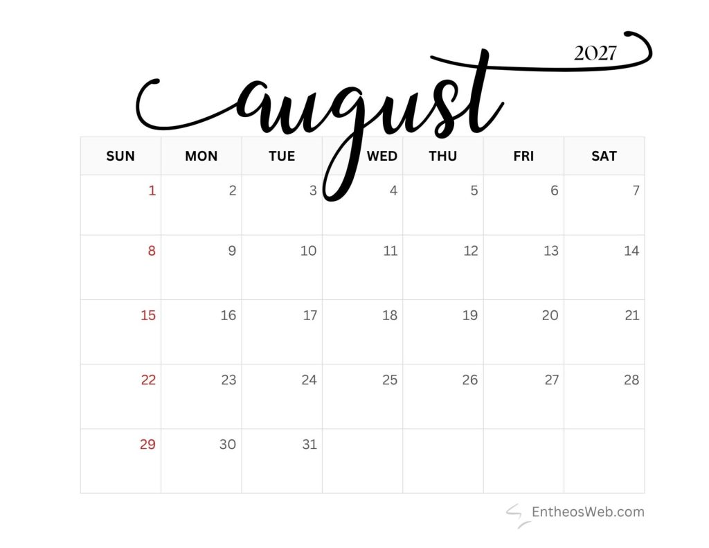 Stylized calendar header reading august 2027 with a grid of days sunsat and red sundays for august 2027 Free printable august 2027 calendar by entheosweb