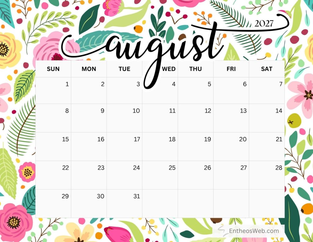 August 2027 calendar page with a sunday start grid over a bright floral pattern background free printable august 2027 calendar by entheosweb