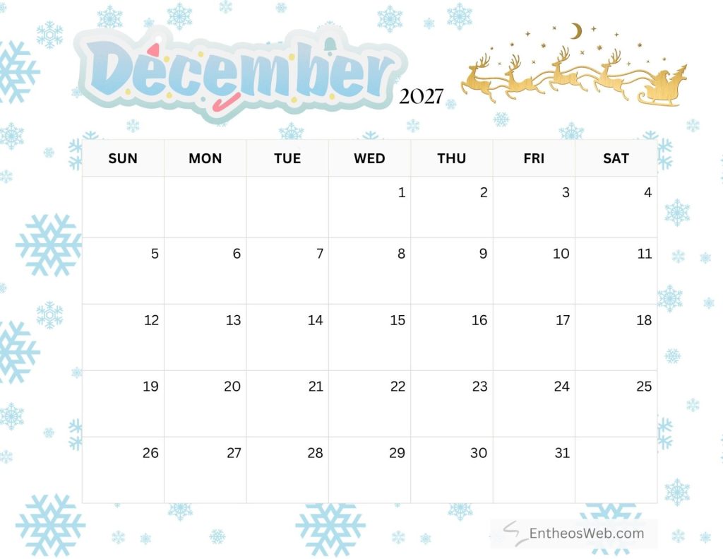 Calendar header showing december 2027 with a seven column grid for sunsat and dates 131 set against a winter snowflake illustration and a santa sleigh motif Free printable december 2027 calendar by entheosweb