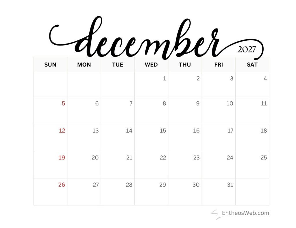 Decorative december 2027 calendar page showing the days of the month in a grid with sundays in red on the left column at week starts Free printable december 2027 calendar by entheosweb