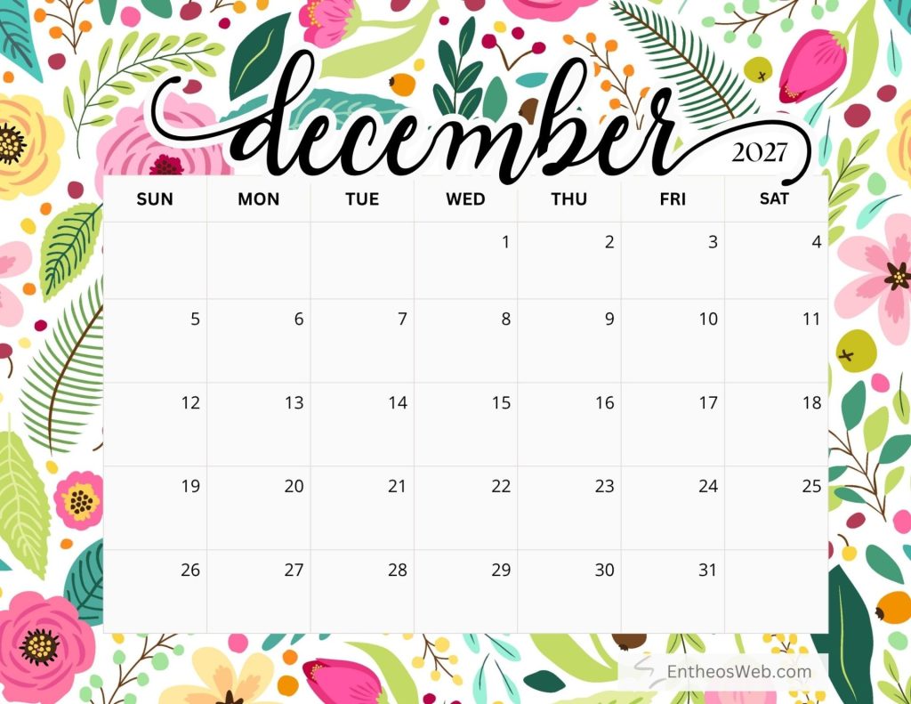 Decorative december 2027 calendar over a bright floral illustration background showing days of the week and dates Free printable december 2027 calendar by entheosweb