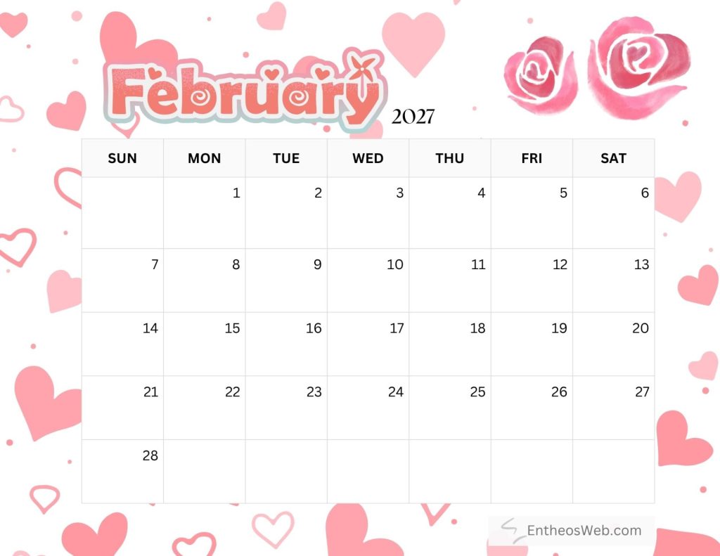 Decorative february 2027 calendar page with pink hearts background Free printable february 2027 calendar by entheosweb