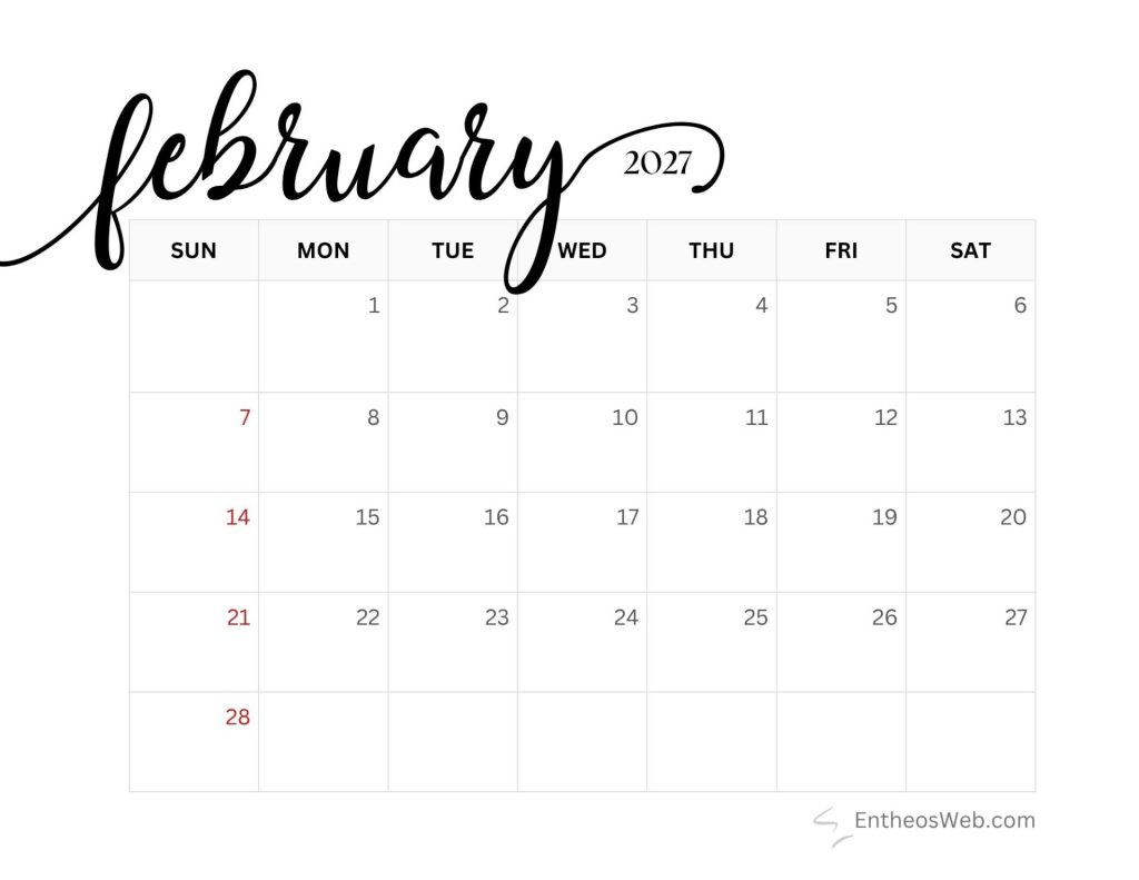 Stylized february 2027 calendar header over a grid showing sundays starting the week with dates in a light gray and sundays in red watermark at bottom right Free printable february 2027 calendar by entheosweb