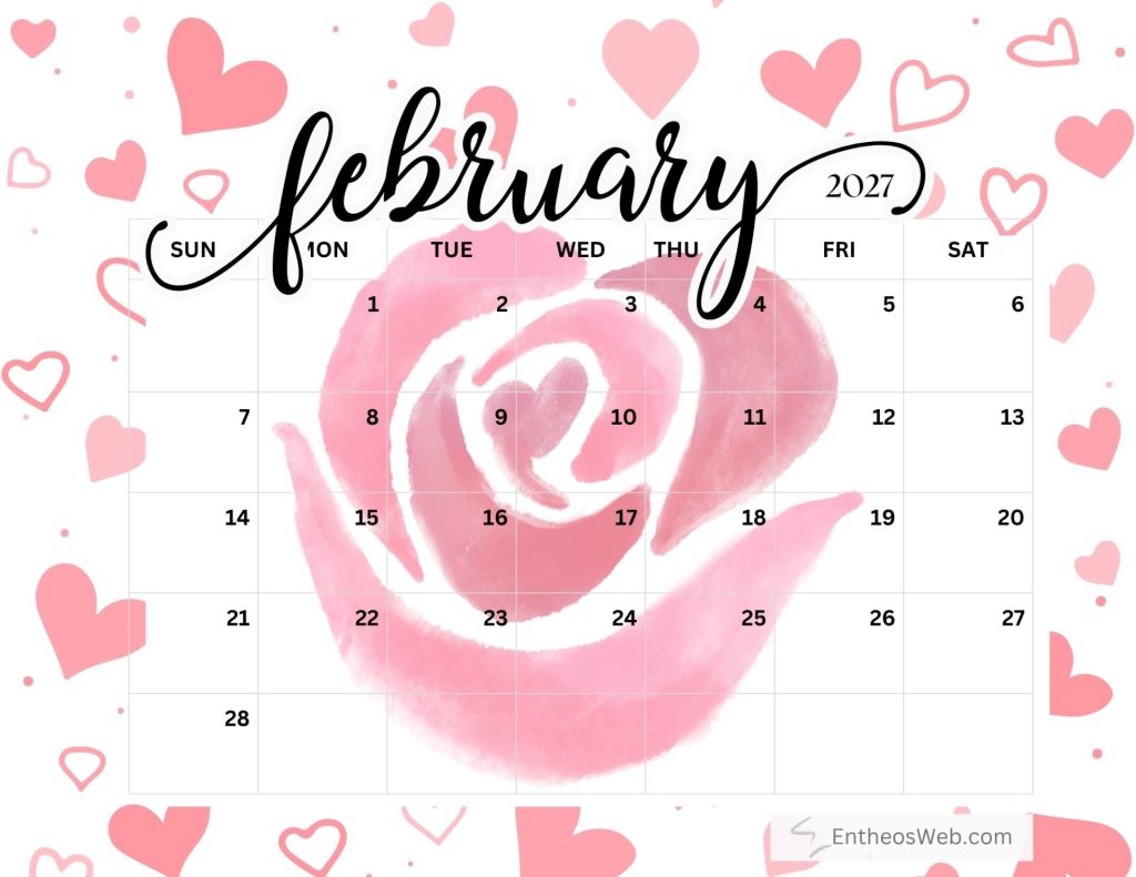 Decorative february 2027 calendar page with pink hearts and a watercolor rose background Free printable february 2027 calendar by entheosweb