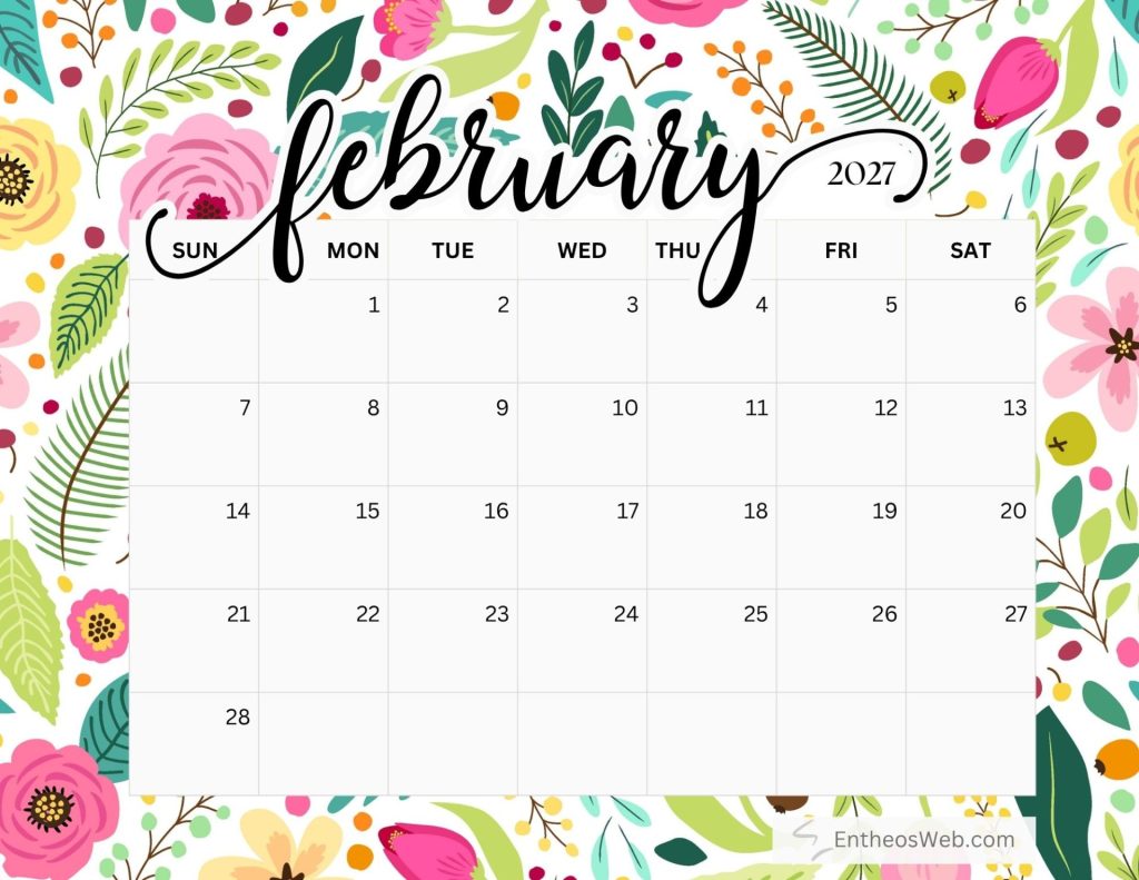 February 2027 calendar with a bright floral background and a grid of days beneath the month title Free printable february 2027 calendar by entheosweb