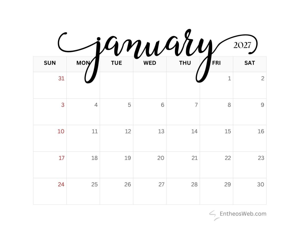 January 2027 calendar page with a decorative script header and a grid of days sundays labeled and sundays in red free printable january 2027 calendar by entheosweb