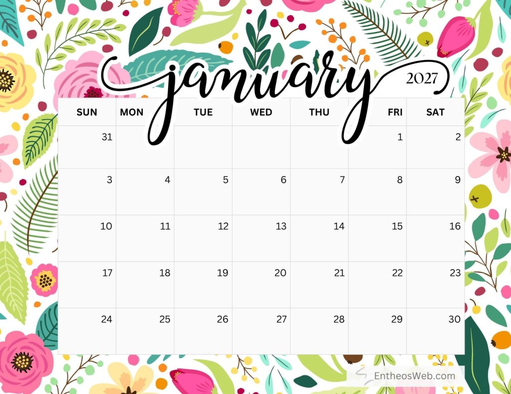 Colorful january 2027 calendar page with a bright floral border design behind the grid Free printable january 2027 calendar by entheosweb