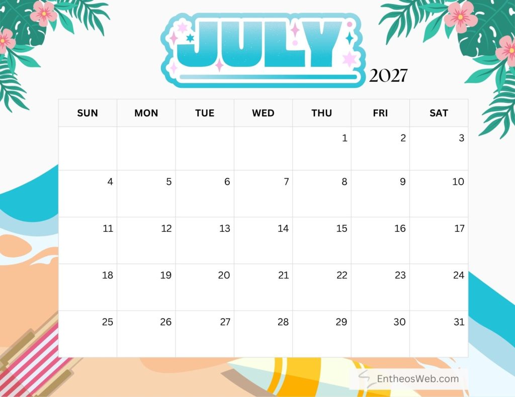 July 2027 calendar header with tropical border of pink flowers and green leaves on a light background calendar grid below free printable july 2027 calendar by entheosweb