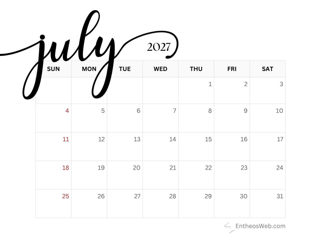July 2027 calendar grid with weekdays sunsat and numbered dates from 1 to 31 large decorative july header at top Free printable july 2027 calendar by entheosweb