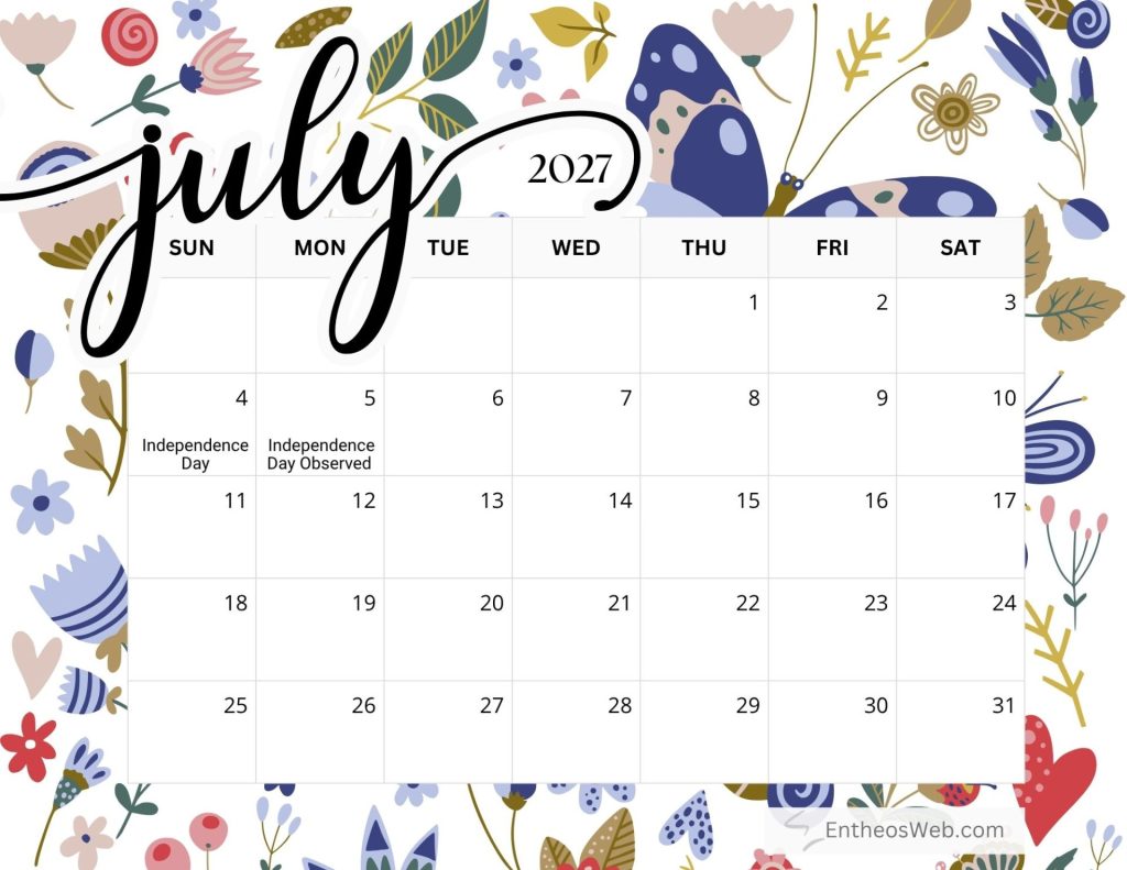 Decorative july 2027 calendar page with a floral border calendar grid shows independence day on july 4 and independence day observed on july 5 Free printable july 2027 calendar by entheosweb