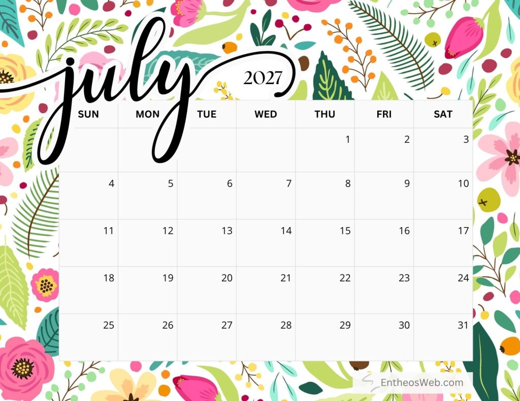 July 2027 calendar page with a colorful floral border and weekly layout starting sundaysat Free printable july 2027 calendar by entheosweb