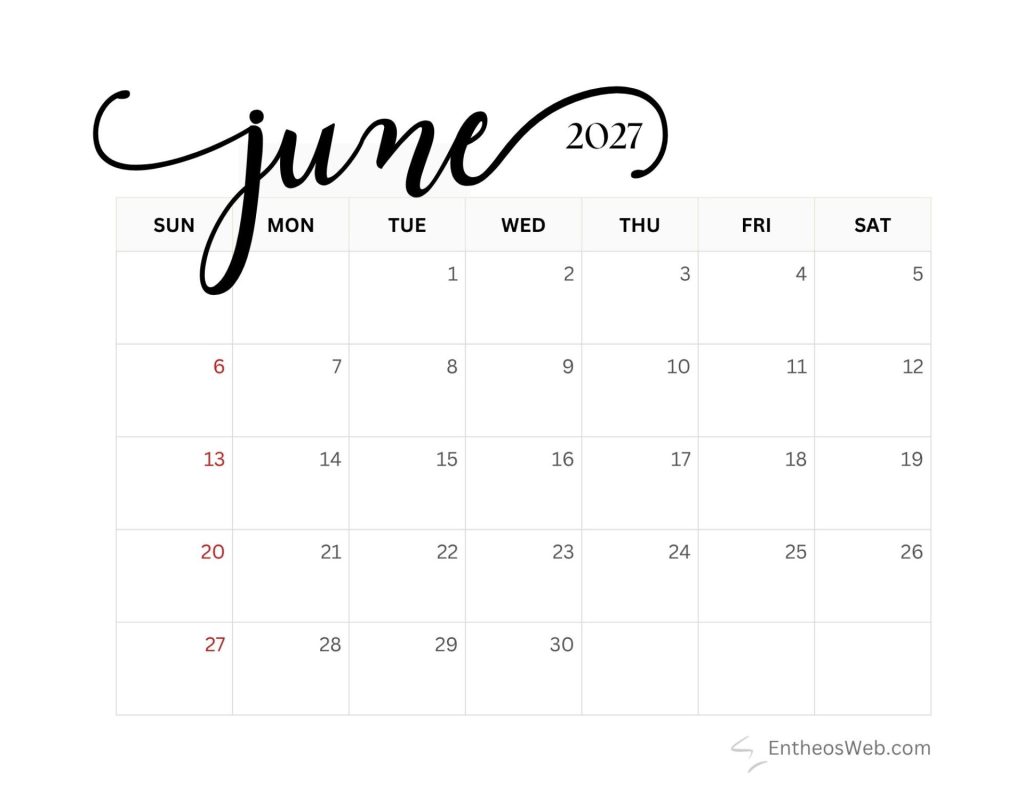 June 2027 calendar header with week days sunsat and the months dates visible below Free printable june 2027 calendar by entheosweb