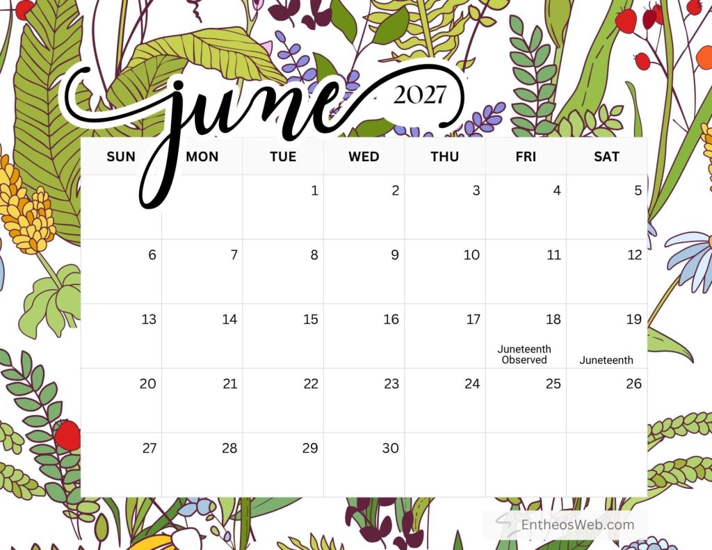 June 2027 calendar page with a grid of dates and day headers framed by a colorful botanical border Free printable june 2027 calendar by entheosweb