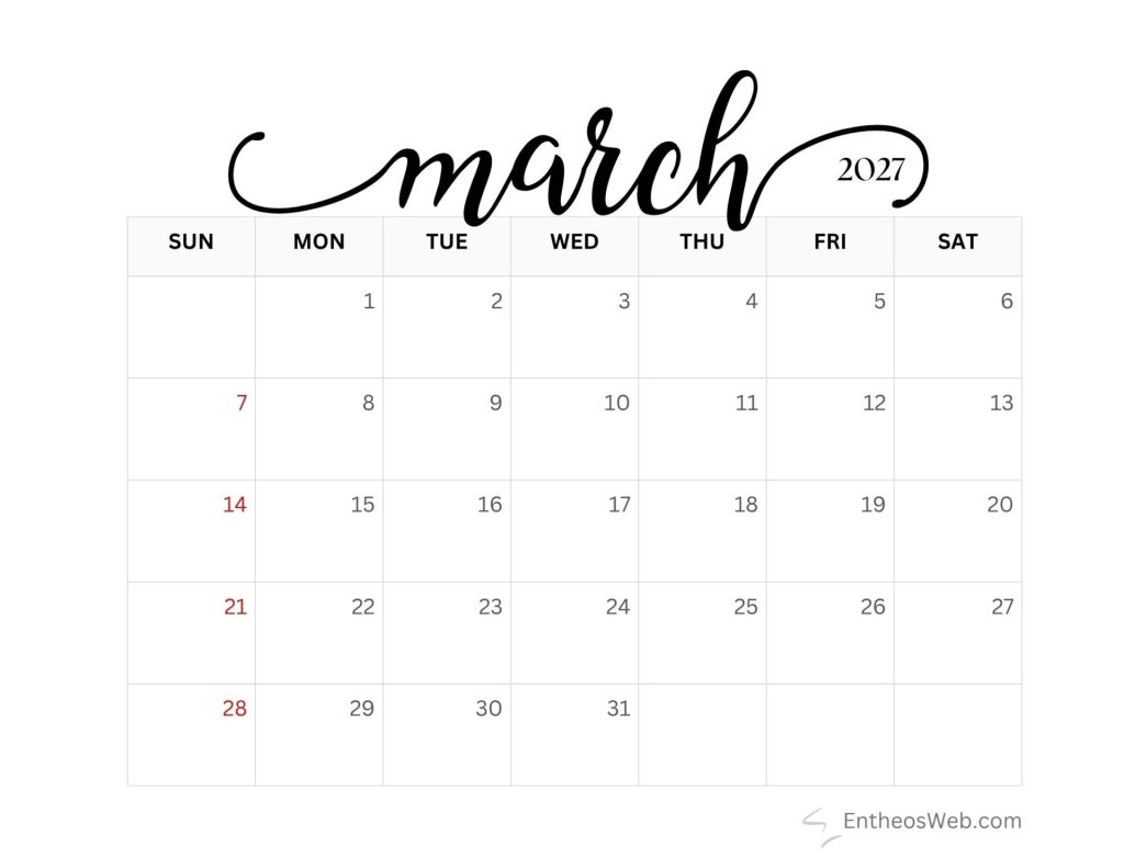 Calendar page showing march 2027 with days laid out in a grid and a decorative script header march 2027 above the month grid Free printable march 2027 calendar by entheosweb