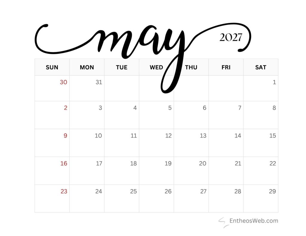 May 2027 calendar page with a grid of days and sundays highlighted in red Free printable may 2027 calendar by entheosweb