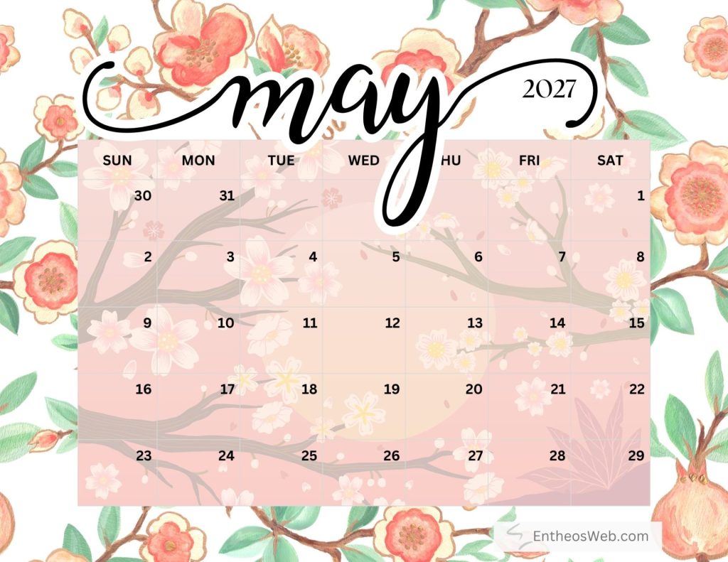 Decorative may 2027 calendar over a pink floral background with a grid of days Free printable may 2027 calendar by entheosweb