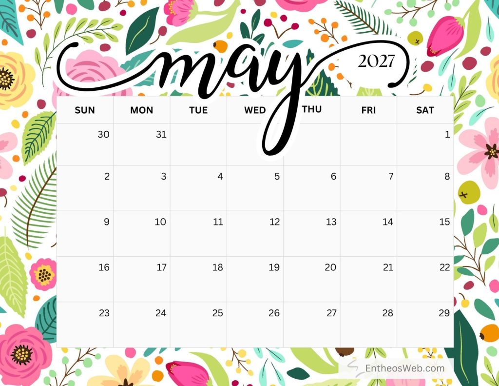 January 2027 calendar page over a bright decorative floral pattern dates visible Free printable may 2027 calendar by entheosweb