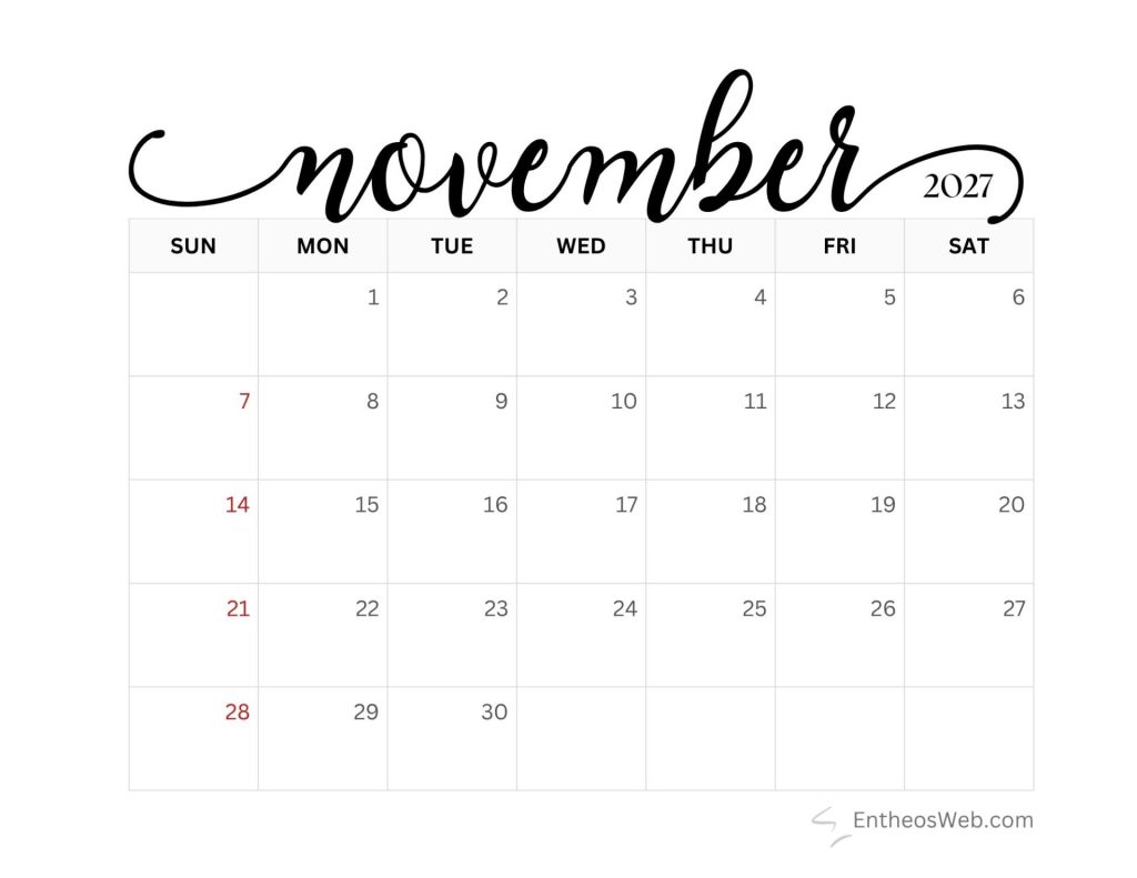 November 2027 calendar page showing days sunsat with dates arranged in a grid sundays in red Free printable november 2027 calendar by entheosweb